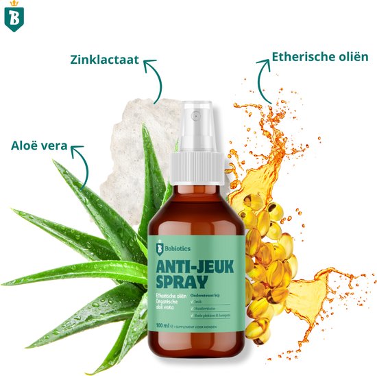 Bobiotics Anti-Jeuk Spray met aloë vera, zinklactaat en etherische oliën. Helpt tegen jeuk, huidirritatie en rode plekken.