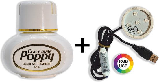POPPY GRACE MATE® Luchtverfrisser Jasmijn 150ml - IncL. RGB Lampje & USB aansluiting 5 volt - Luxe Auto Air Freshener