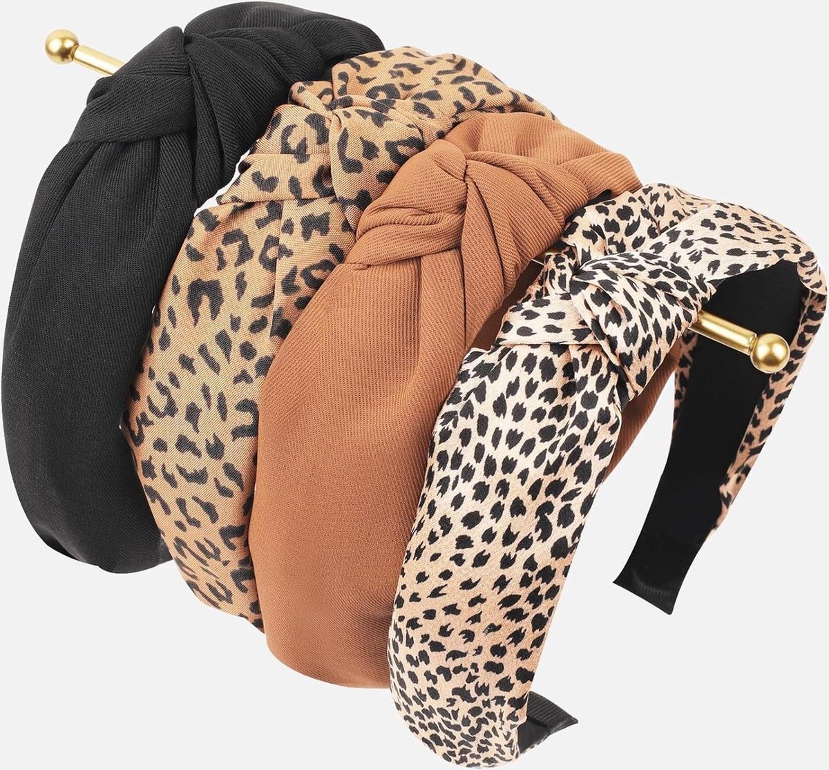 Geknoopte hoofdband voor dames - 4 stuks brede hoofdband voor dameshaar - schattige dameshoofdbanden zwartbruin luipaard .