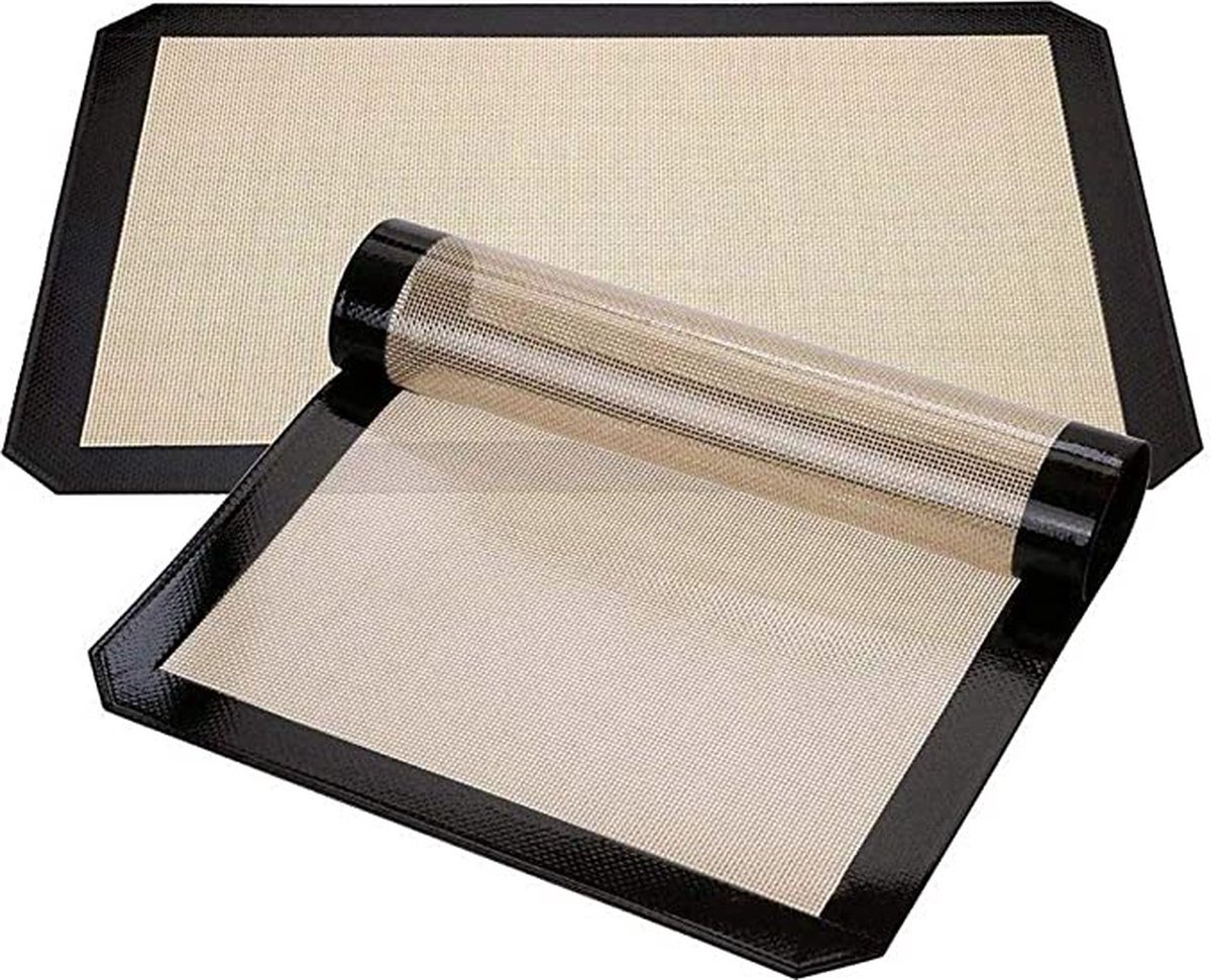 New Age Devi - Set van 2 siliconen bakmatten - Incl deegschraper - Deegmat - Ovenmat - Patisseriemat - 30x40cm - Onderhoudsvriendelijk - Herbruikbaar - Hittebestendig tot 250C - Beigezwarte rand - Vaatwasbestendig