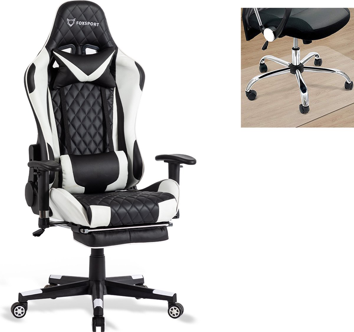 OFMOTRA Gamestoel - Gaming stoel- 90°-170° Rugleuning - Racing Style - Maximale Belastbaarheid 150kg - Met Voetsteun - Met vloerbeschermingsmat – Wit