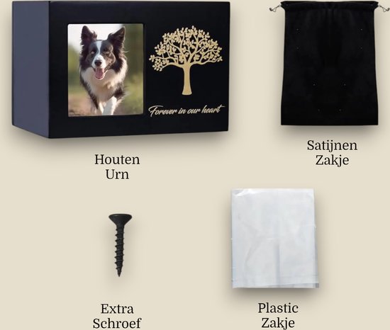Zwarte urn met gouden boom en foto van een border collie, met fluwelen zakje, plastic zakje en schroef.