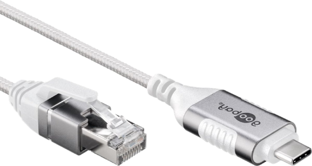 USB-C (m) naar RJ45 (m) Slimline Gigabit Ethernet Kabel - Nylon Sleeve - 10 meter - Wit