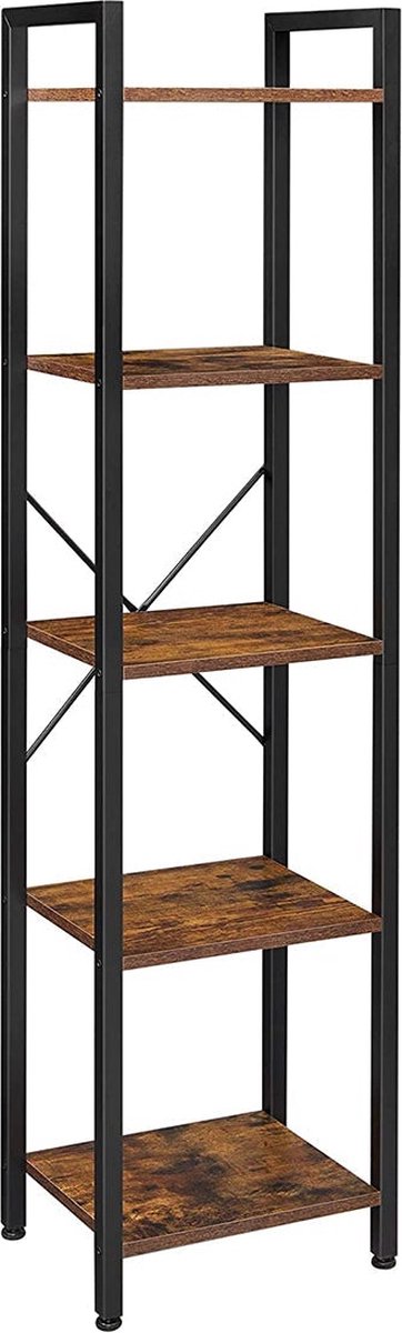 5-laags boekenkast - boekenplank - opbergrek - vintage bruin-zwarte stijl - spaanplaat en staal - 40x30x146cm