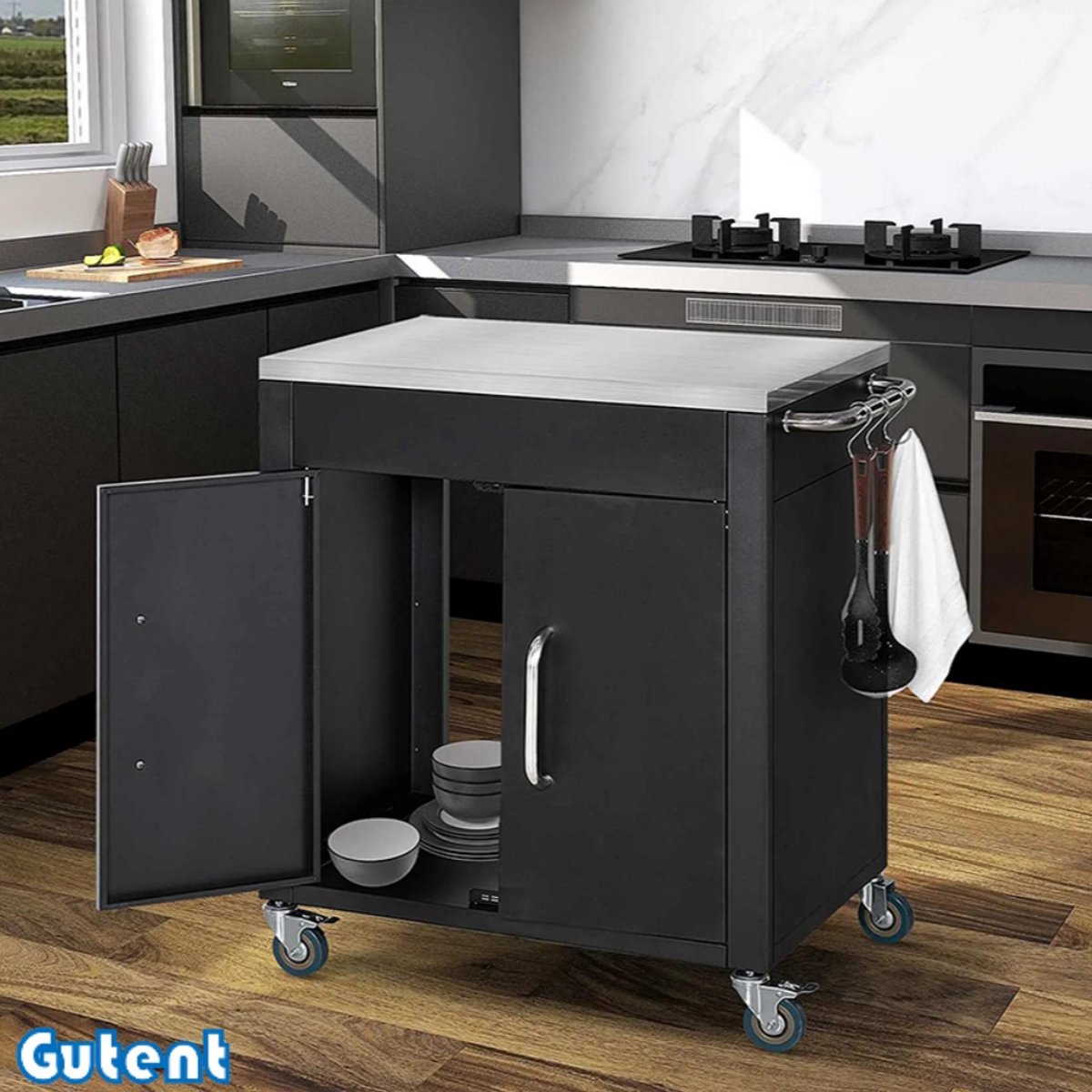 Gutent Keukentrolley-met-wielen-met kasthaken en roestvrij stalen handvat-86 x 50 x 86,5 cm-Zwart