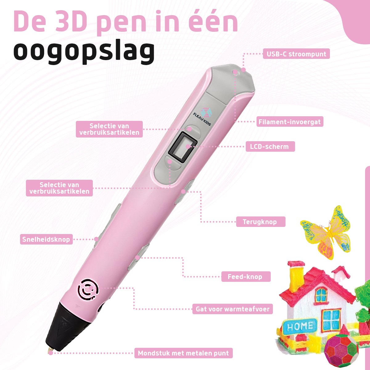 Fleau Kids 3D Pen Starterspakket Roze L - 36m Filament - 12 Kleuren Vullingen - PRO 2025 USB-C model + Vele Extra's - Knutselen en Tekenen - 3D Printen - Tekenset — afbeelding 4