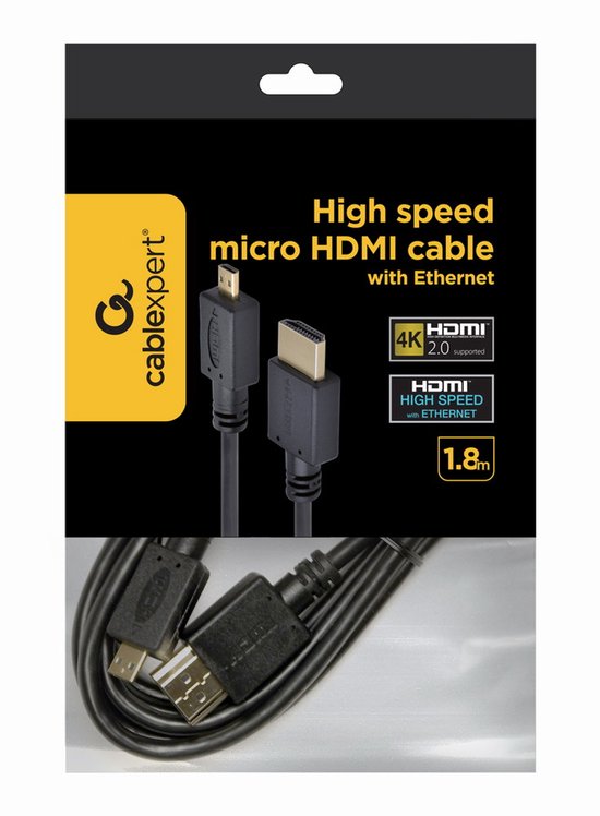 Verpakking van een 1.8m zwarte Micro HDMI kabel met Ethernet, ondersteunt 4K HDMI 2.0.