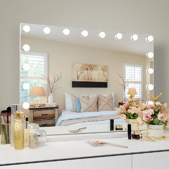 Miroir Hollywood de VANITII, 80x58 cm, 18 lumières LED, trois modes d'éclairage, miroir grossissant 10X amovible, Wit