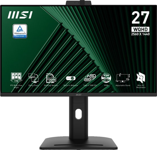 27″ MSI MP275QPDG QHD IPS Monitor USB-C 96W Power Delivery KVM-switch USB-hub RJ45 Dockingstation