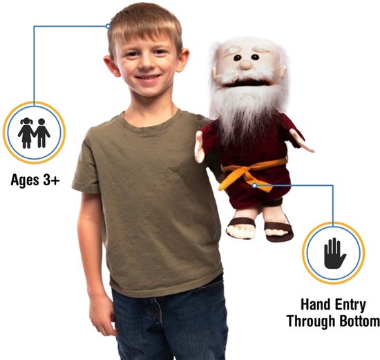 Jongen die een Noah handpop van 35 cm vasthoudt met 'Hand Entry Through Bottom'-label.