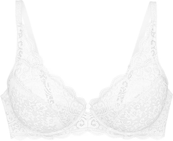 Soutien-gorge blanc à armatures avec un motif complexe en dentelle.