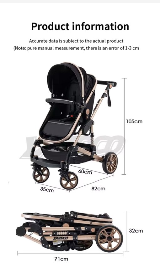 Luxe Multifunctionele 3-in-1 Combi Kinderwagen - Kwalitatieve Buggy - Autostoel - Opklapbare Wandelwagen - Inclusief mamatas- Zwartgoud van LUXE. — afbeelding 2