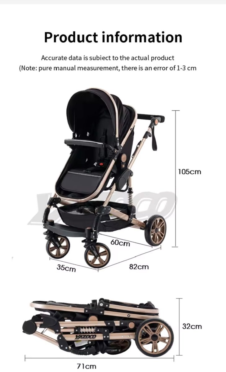 Luxe 3-in-1 Kinderwagen Opklapbaar met Tas - Zwartgoud - afbeelding 2
