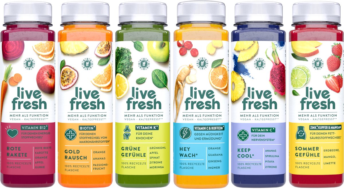 LiveFresh sap proeverij – 6 sappen (250 ml) met vitaminen – koudgeperst uit fruit en groenten – vruchtensappen zonder suiker en toevoegingen