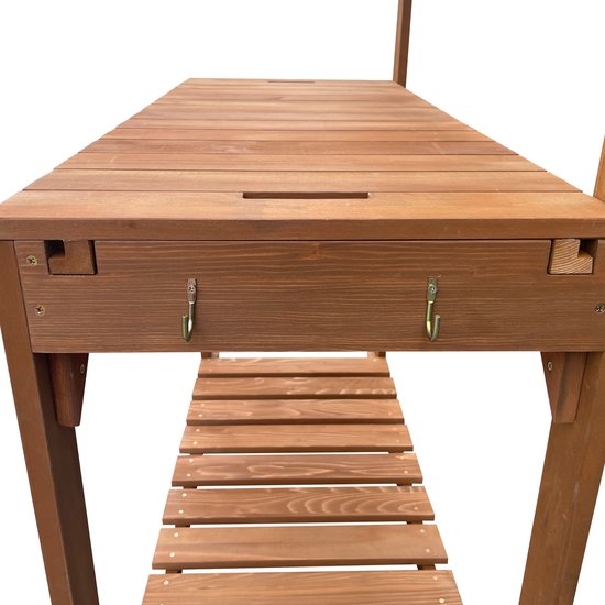 AXI Jardinière surélevée avec plan de travail coulissant, marron - Table de rempotage - Bois de pruche - 100 x 46 x 140 cm - Avec bac en plastique - Jardinière extérieur pratique avec espace de rangement