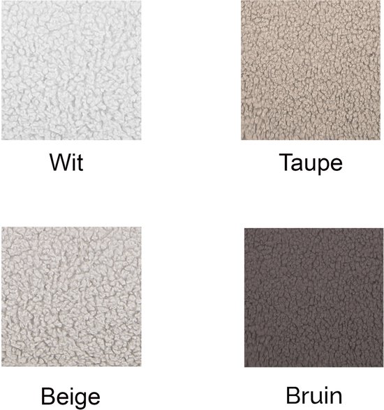 Quadratische stofstalen in wit, taupe, beige en bruin, met een teddy textuur.