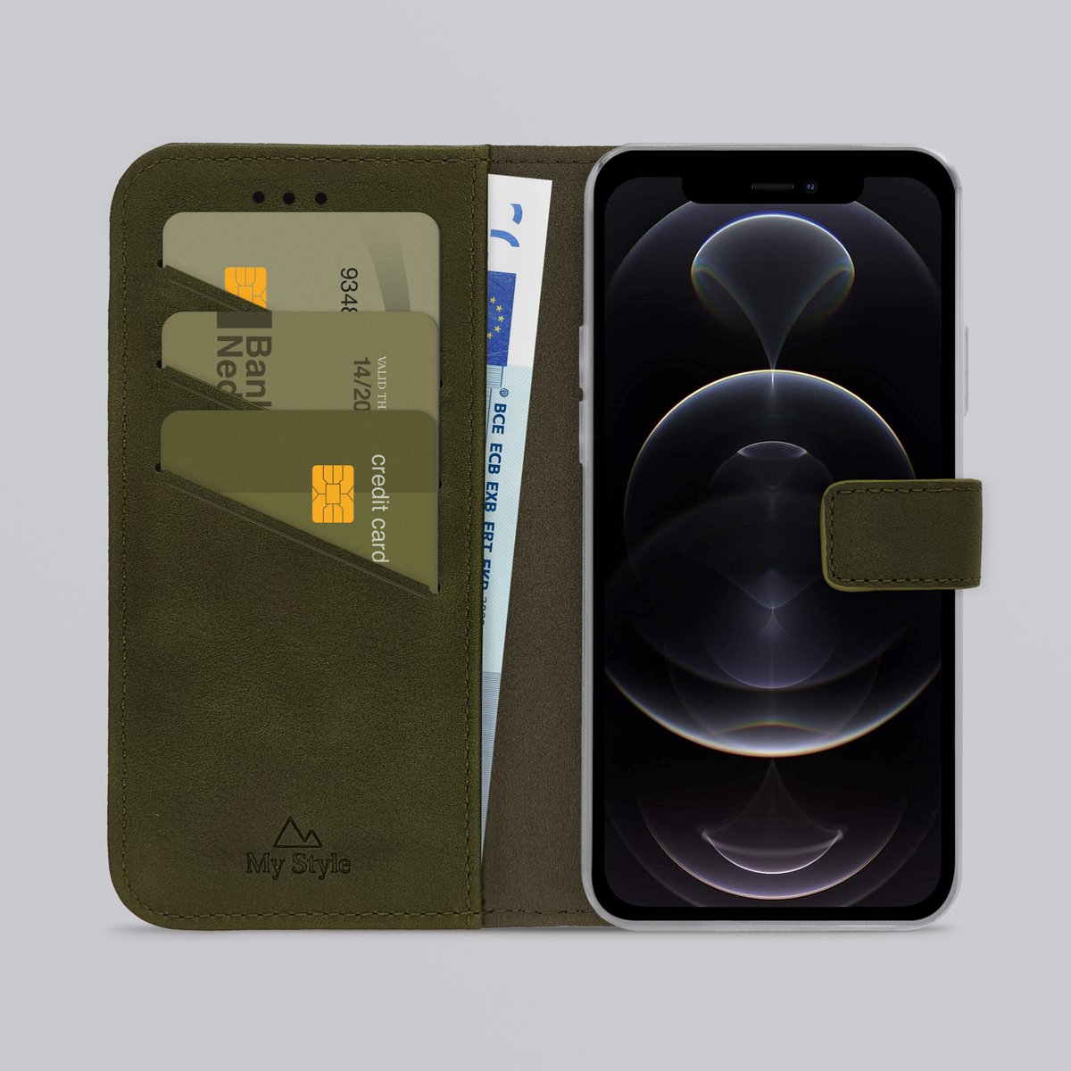 My Style Telefoonhoesje geschikt voor Apple iPhone 12 Pro Hoesje | My Style Flex Wallet Bookcase Portemonnee | Pasjeshouder voor 3 Pasjes | Telefoonhoesje voor Pinpas / OV Kaart / Rijbewijs - Forest Green | Groen