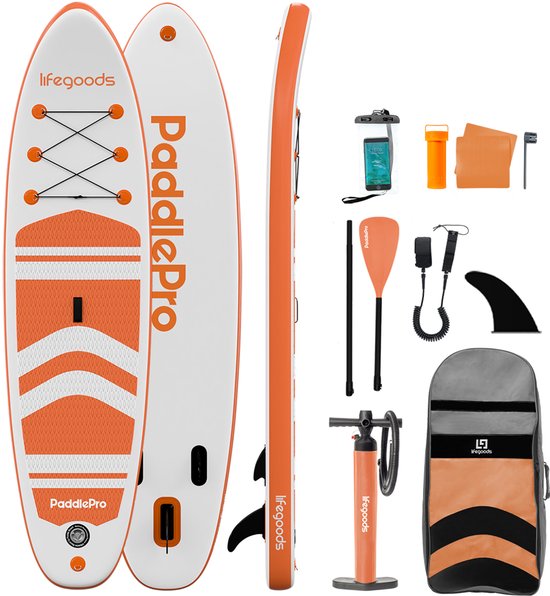 LifeGoods PaddlePro SUP Board - Opblaasbaar Paddle Board - Complete Set - Max. 135KG - 320x81cm - Wit/Oranje