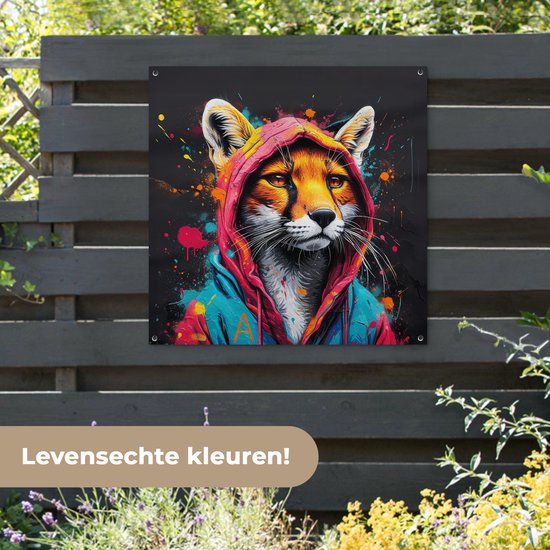 Affiche de jardin 100x100 cm - Décoration de jardin Graffiti - Renard - Manteau - Pop art - Animaux - Affiche pour le jardin - Décoration extérieure - Tableau de jardin clôture - Décoration murale toile jardin - Décoration murale toile balcon