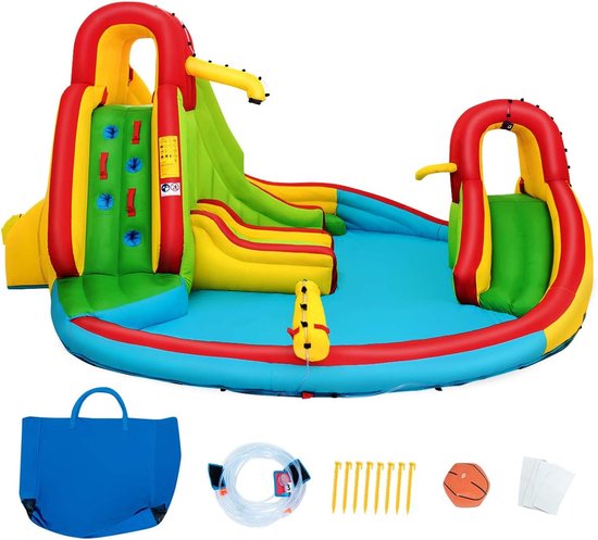 COSTWAY Springkasteel, opblaasbaar met 2 glijbanen, speelzwembad, springburg, waterpark, kinderbadje met klimwand, basketbalring, waterspeelplaats met tas, 460 x 420 x 233 cm