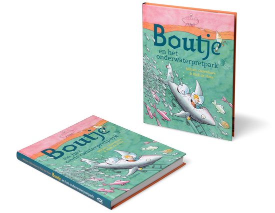 Twee boeken 'Boutje en het onderwaterpretpark' op een witte achtergrond. Eén boek ligt open, het andere staat rechtop en toont de cover.