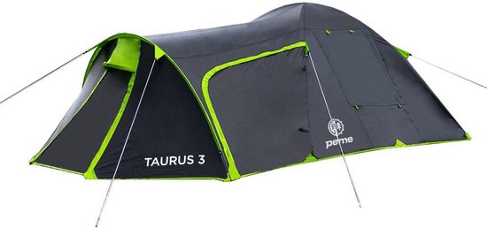 Peme Taurus Koepeltent Tent voor 3 personen, Zwart en groen, 2 ingangen, muskietennet, waterdicht, snelle opbouw, ademend materiaal