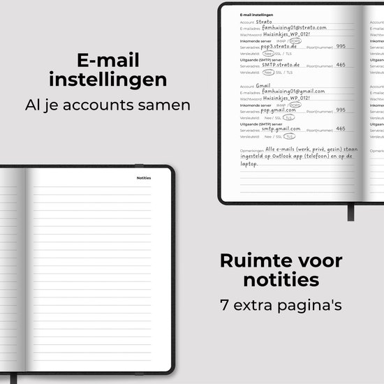 Pagina's van een notitieboek met secties voor e-mailinstellingen en "Ruimte voor notities".