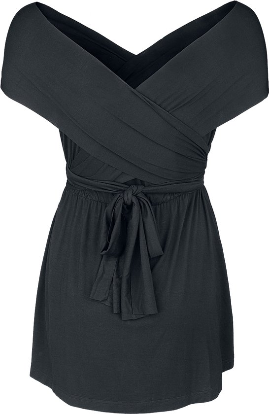 Zwarte top met off-shoulder halslijn en gekruiste stof, vastgezet met een strikceintuur.