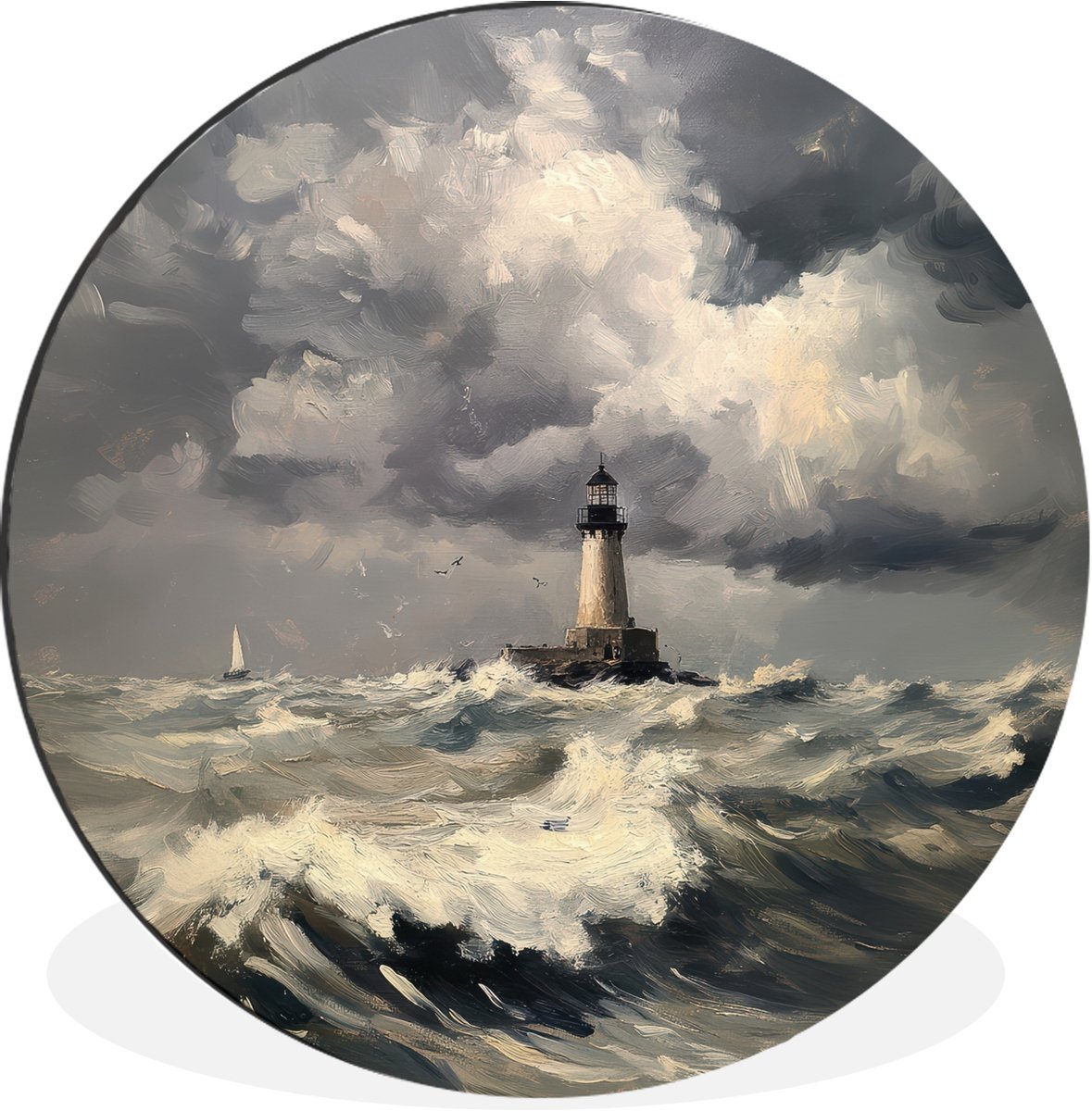 WallCircle Wandcirkel - Muurcirkel - Vuurtoren - Golven - Storm - Aluminium - Dibond - 90x90 cm - Binnen en Buiten
