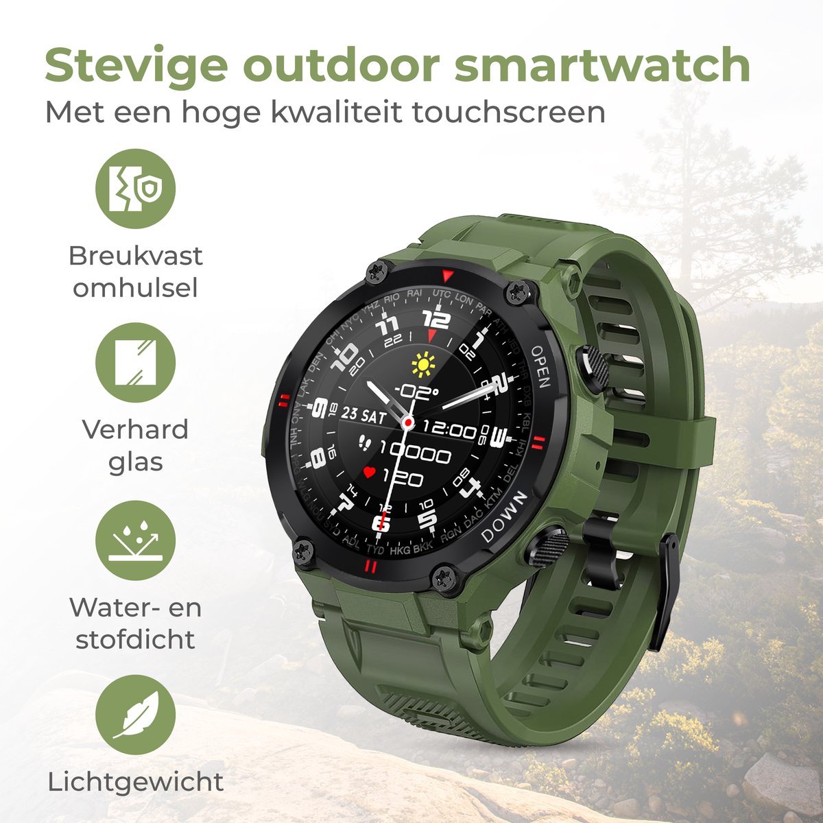Afbeelding 3 van Nuvance Outdoor Smartwatch - 45 mm - IP67 Waterdicht - Bluetooth Smartwatch voor Dames en Heren - Smartwatches - Groen