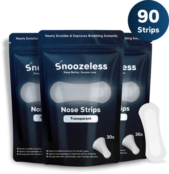 Verpakkingen van 90 transparante neusstrips van Snoozeless. Close-up van de strip in een hand. Beschikbaar in 30x verpakkingen.