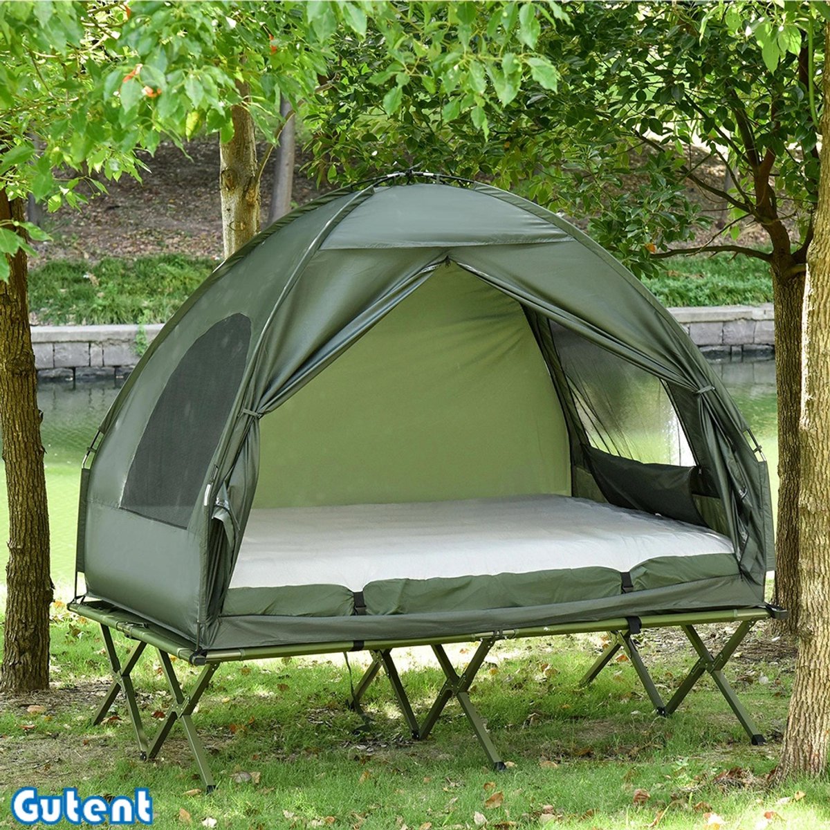 Gutent Kampeertent-set - 2-persoons - met campingbedje en luchtmatras - Groene kleur