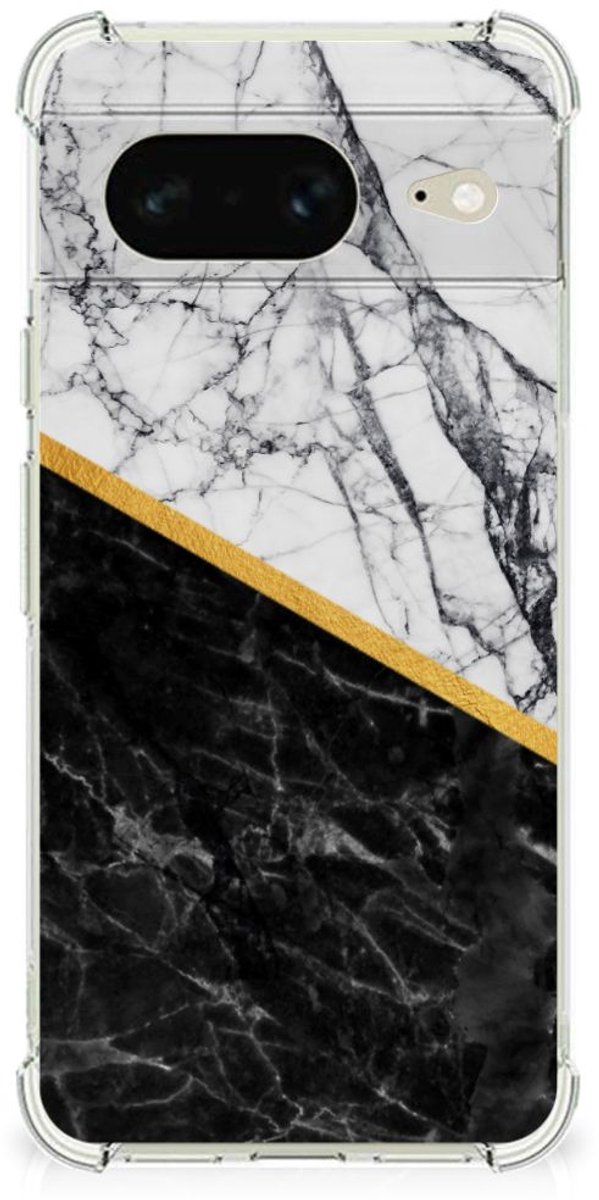 Google Pixel 8 Anti-Shock Hoesje Marmer Wit Zwart - Origineel Cadeau Man
