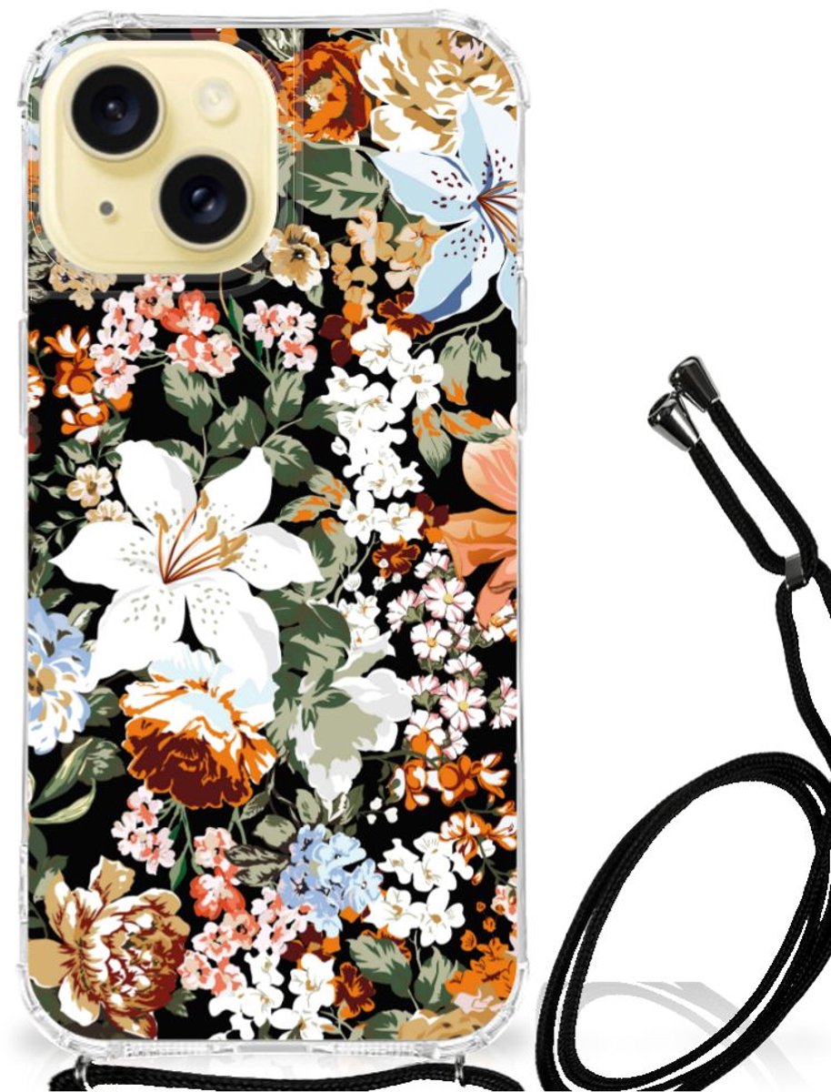 Back Cover voor Case voor Apple iPhone 15 Dark Flowers