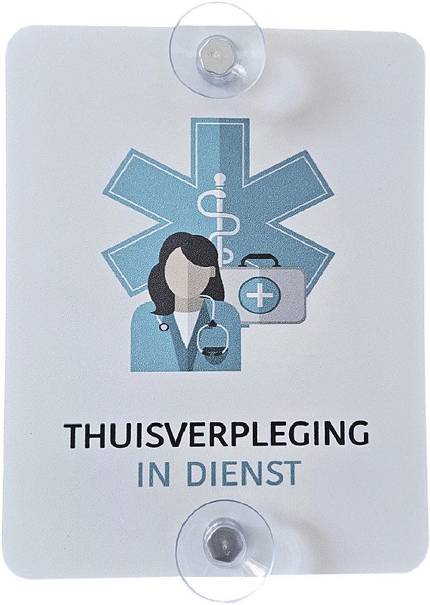 Autobord | "Thuisverpleging - In dienst" | 14 x 18 cm | + 2 zuignappen | Tijdelijk label autoraam | Autoruit | Verpleegster | Nurse | Dokter | Medische assistentie | Tijdelijk parkeren | Eerste hulp | Verpleging | Verpleger | Ultra dun | 1 stuk