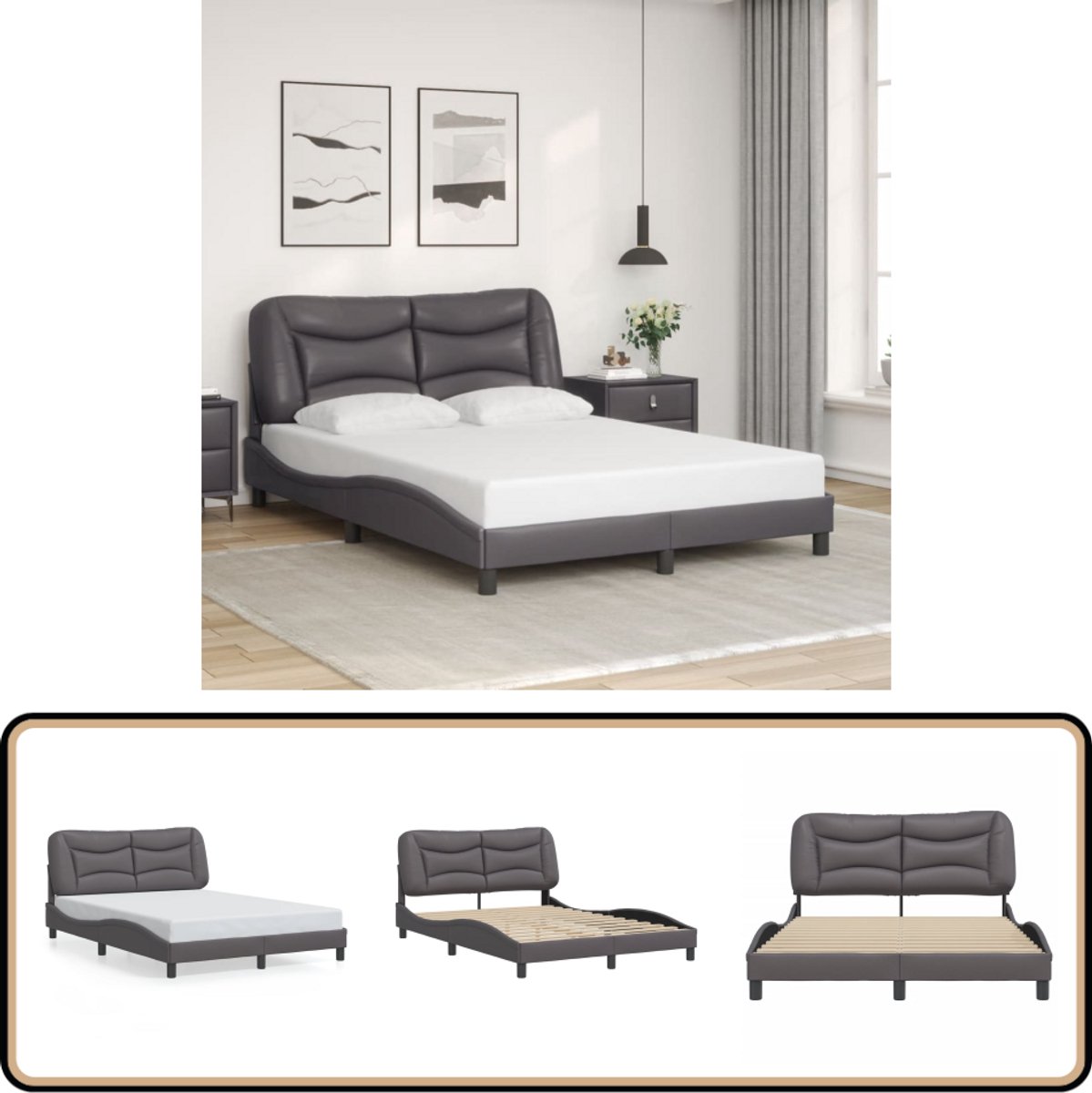 VidaXL Bedframe met hoofdbord kunstleer grijs 140x200 cm