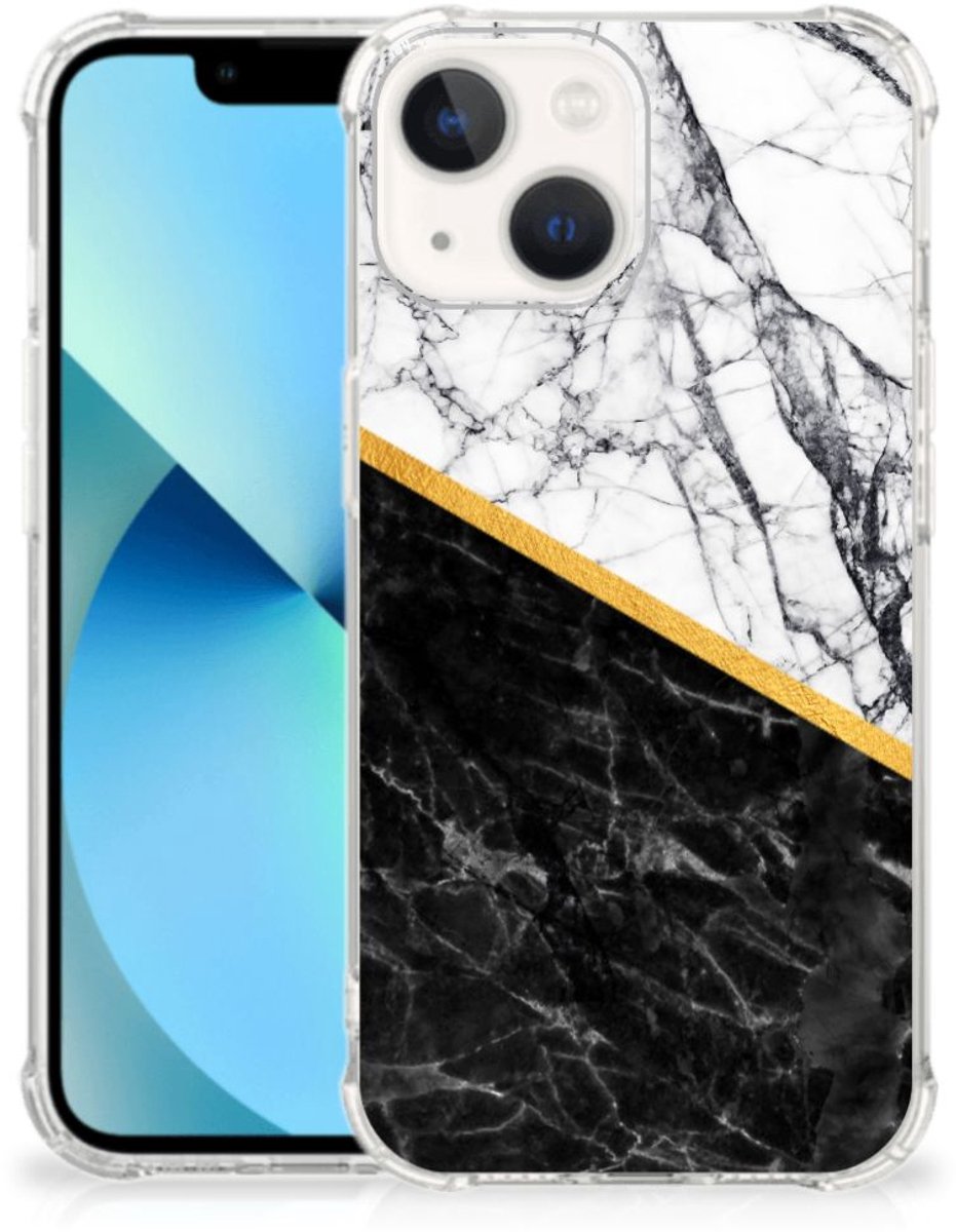 iPhone 13 mini Anti-Shock Hoesje Marmer Wit Zwart - Origineel Cadeau Man