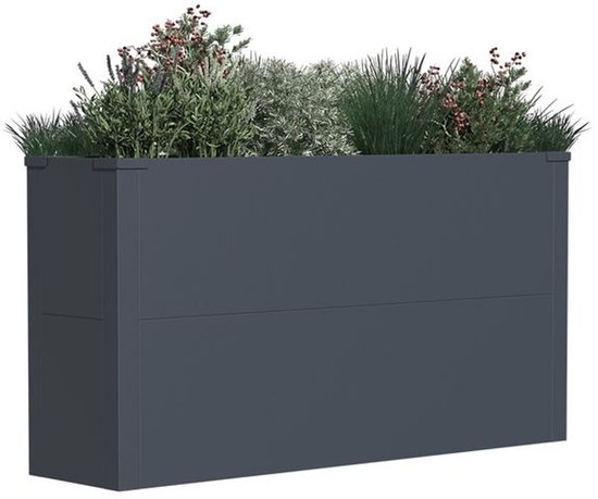 Donkergrijze plantenbak van 100 x 25 x 52 cm, gevuld met diverse groenblijvende planten.