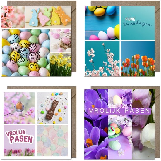20 Luxe Vierkante Vrolijk Pasen Wenskaarten - Paaskaarten - 13,5x13,5cm - gevouwen kaarten Inclusief gekleurde enveloppen