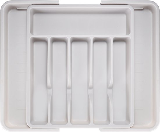 Deleca Bestekbak Extensible avec 8 Compartiments - Organisateur de Tiroir à Couverts - Organisateur de Couverts de Cuisine - Range-Couverts Cuisine - 57 x 38 cm - Plastique / Wit Grijs