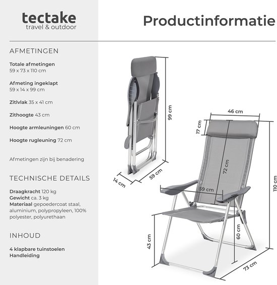 tectake® - Kampeerstoelen - Campingstoel -Tuinstoel - Opklapbaar - set van 4 - grijs - 402181 van TecTake — afbeelding 2