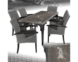 tectake® Wicker meubelset - 6 stoelen en 1 tafel - Moderne en weerbestendige stoelen (Draagkracht 150 kg) met eettafel in marmerlook ((LxBxH) 196 x 87 x 76 cm) - Eetkamer lounge - Tuinmeubelen voor balkon, terras en buitenkeuken - Grijs