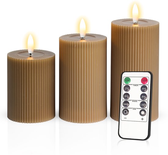 Meisterhome – 3 x Led Stompkaars Ribbel - Coyote bruin – Stompkaars Echte wax - Led kaarsen - 10 / 12.5 / 15 cm Hoog - Met afstandsbediening – Timer 2/4/6/8 uur - Dimbaar