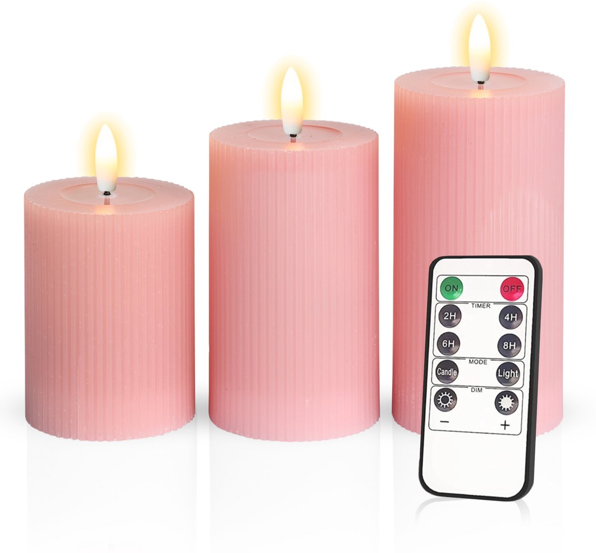Meisterhome – 3 x Led Stompkaars Ribbel - Licht Roze – Stompkaars Echte wax - Led kaarsen - 10 / 12.5 / 15 cm Hoog - Met afstandsbediening – Timer 2/4/6/8 uur - Dimbaar