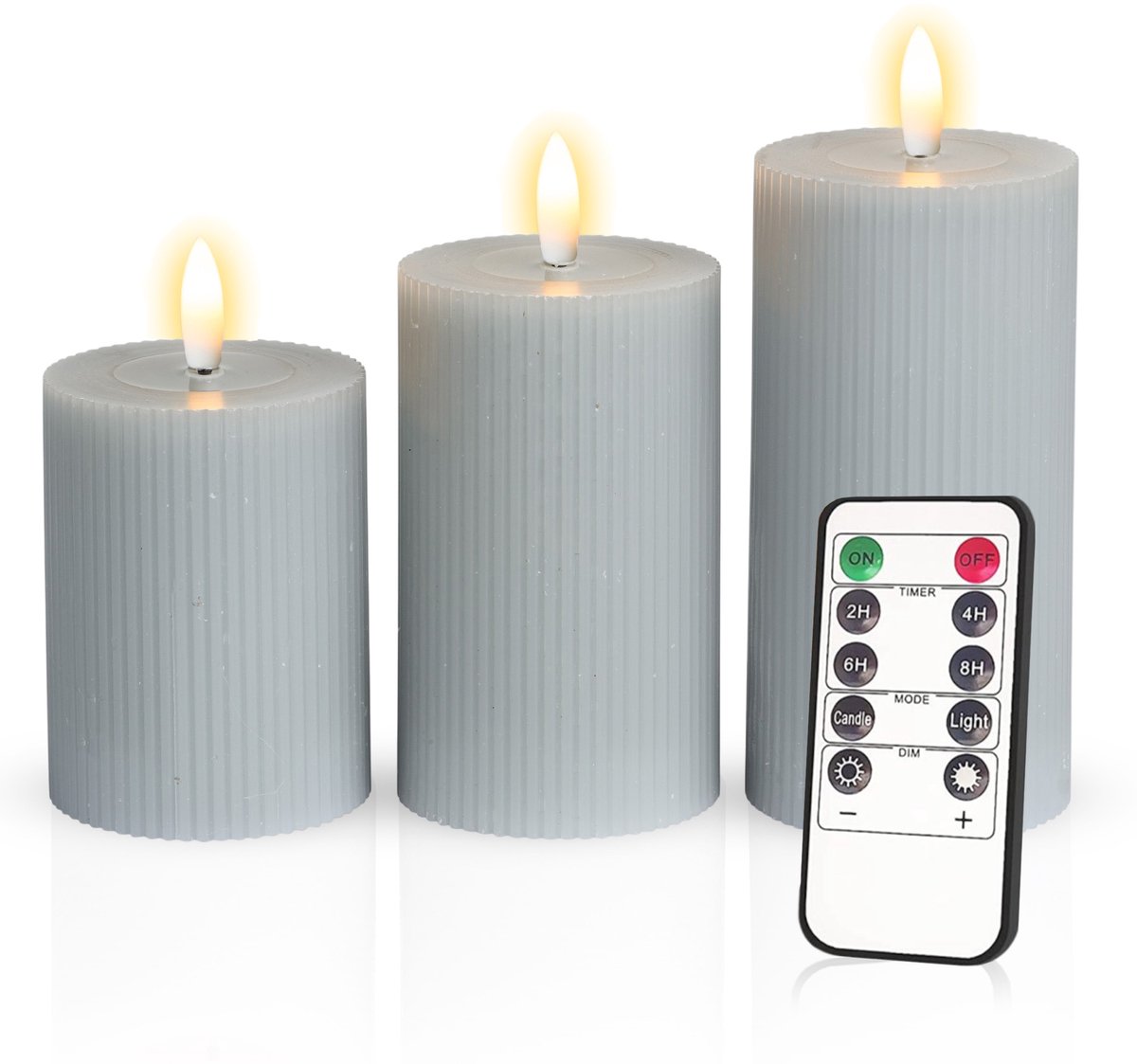 Meisterhome – 3 x Led Stompkaars Ribbel - Fluweelgrijs – Stompkaars Echte wax - Led kaarsen - 10 / 12.5 / 15 cm Hoog - Met afstandsbediening – Timer 2/4/6/8 uur - Dimbaar