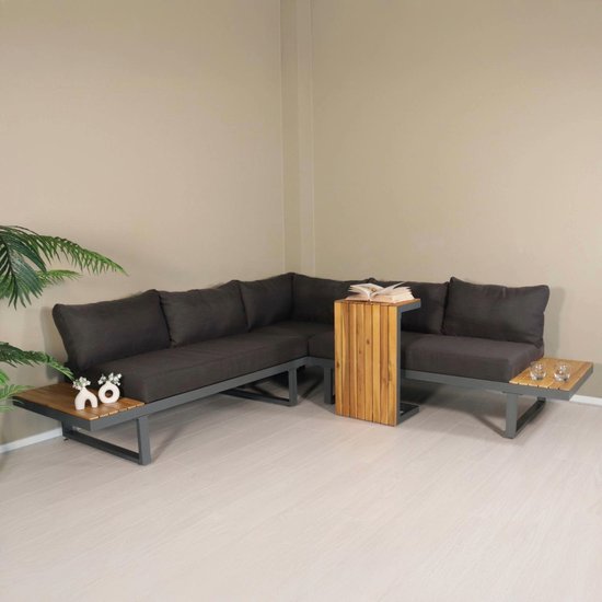 Ensemble de salon 5 places en aluminium et bois d'acacia anthracite Darcio avec table d'appoint