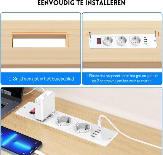 Prise de table encastrable StayPowered - Intelligente et peu encombrante - Prise 3 voies - USB C PD 20W - 3 Portes USB-A - Avec interrupteur - Installation facile - Wit - Livraison plus rapide qu'indiqué !