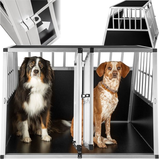 tectake® Aluminium Hondentransportbench Hondenbox - Trapeziumvormige Hondentransportbox met Schuine Achterwand - Licht en Stabiel - Kofferbak Transportbox voor Honden (104 x 90,5 x 69 cm)