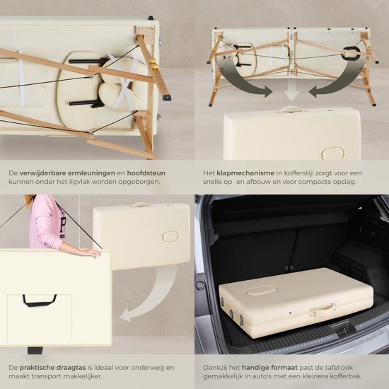 tectake® Massagetafel - 2 Zones, Opvouwbare en Draagbare Massagetafel met 5 cm Vulling, In Hoogte Verstelbaar, Mobiele Massagebank met Houten poten en Accessoires, Draagtas - Beige