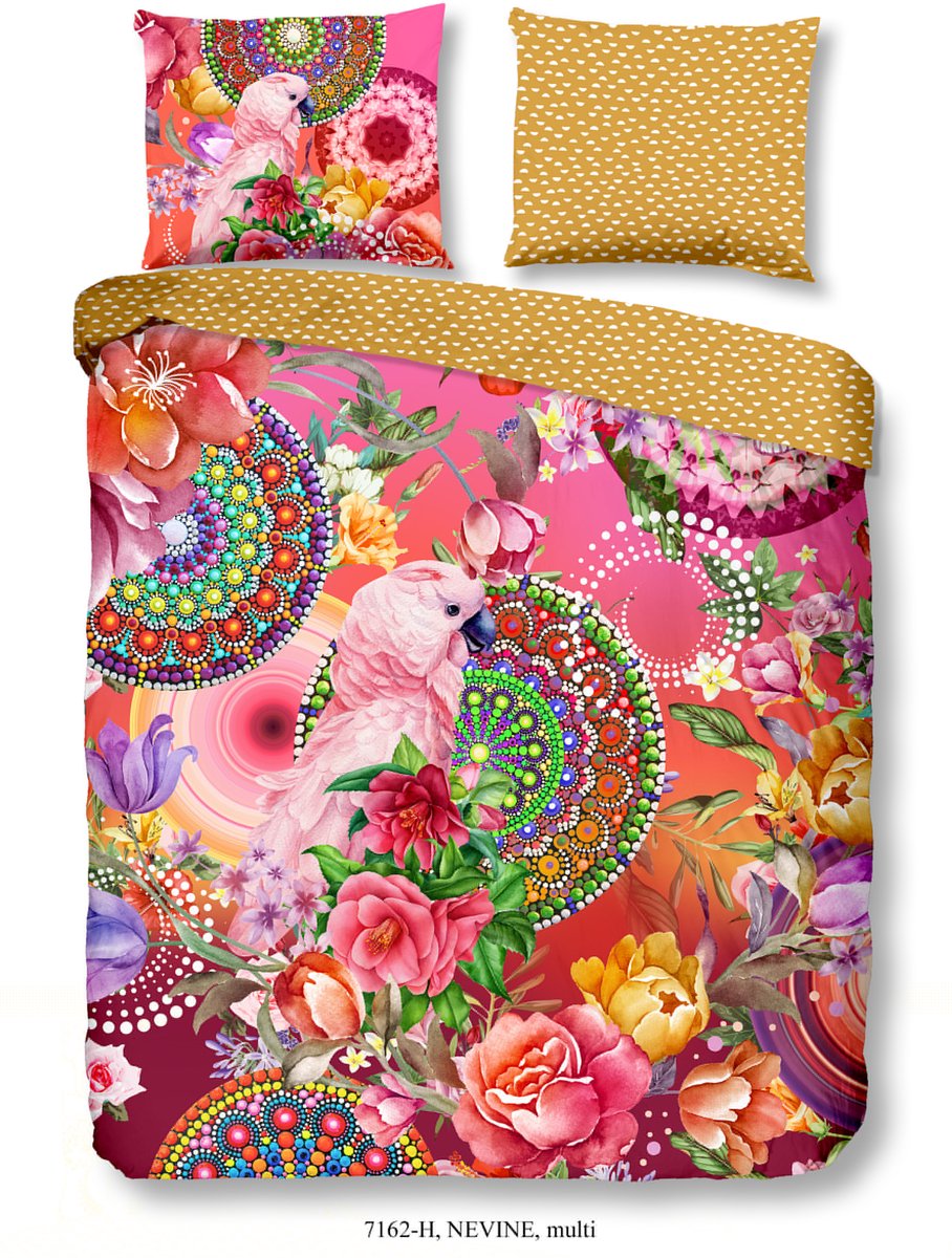 Luxe Satijnen Dekbedovertrek 200x220 cm - Bloemen en Papegaai Print - Roze/Oranje - 2 Persoons - 100% Katoen-Satijn